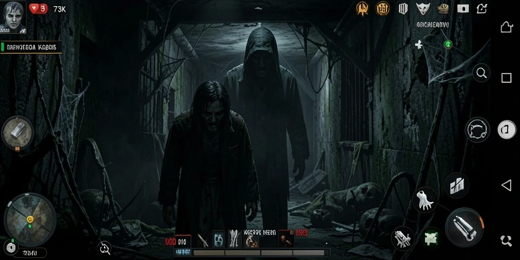 Tampilan gameplay 73K yang menyeramkan dengan efek mendebarkan.