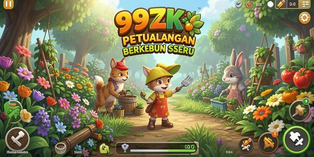 Tampilan gameplay seru dalam 99ZK yang menggambarkan aktivitas berkebun.