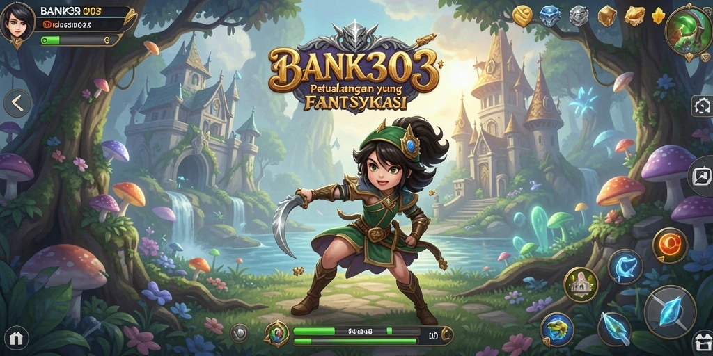 Screenshot gameplay BANK303 menunjukkan pertarungan seru dan dunia yang menawan.