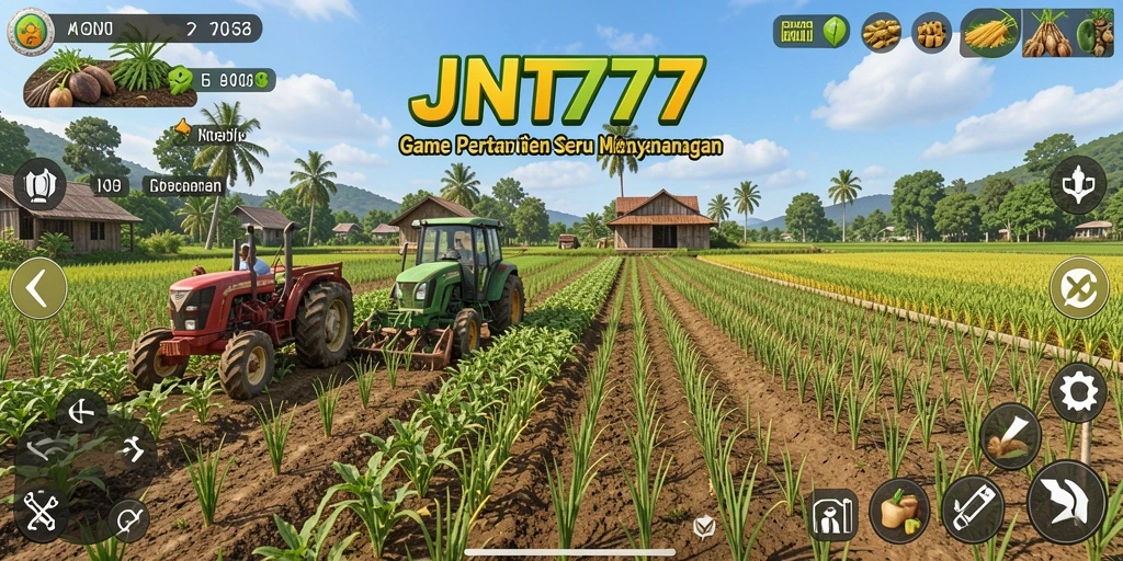 Tangkapan layar dari gameplay JNT777 yang menunjukkan aktivitas pertanian.