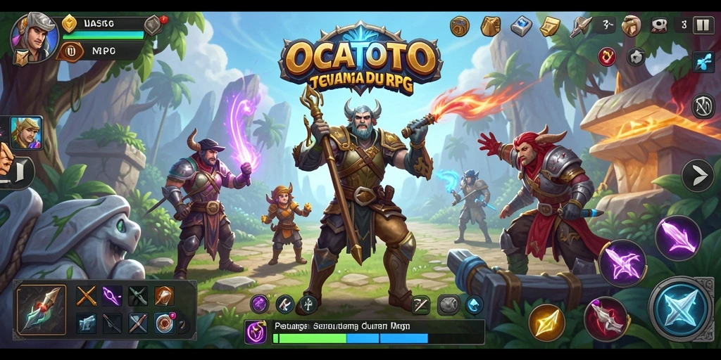 Screenshot utama OCATOTO menampilkan pertarungan epik dalam game RPG.