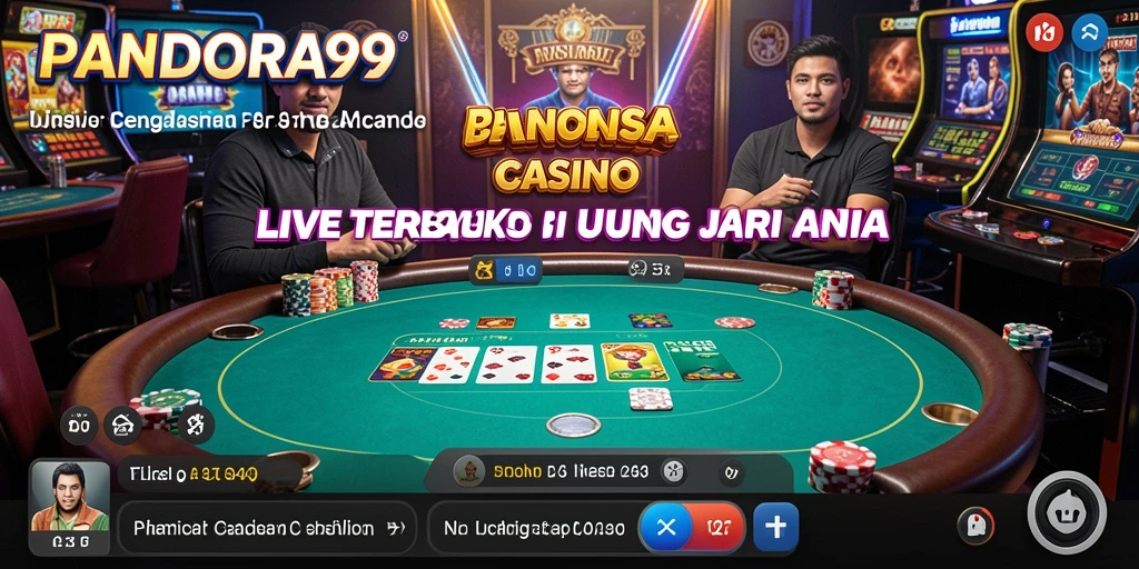 Screenshot gameplay PANDORA99 menampilkan dealer langsung dan suasana kasino yang hidup.