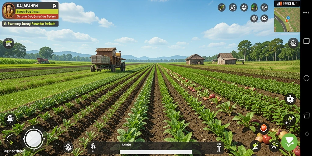 Tangkapan layar utama gameplay <strong>RAJAPANEN</strong> menampilkan kebun yang subur dan beragam tanaman.