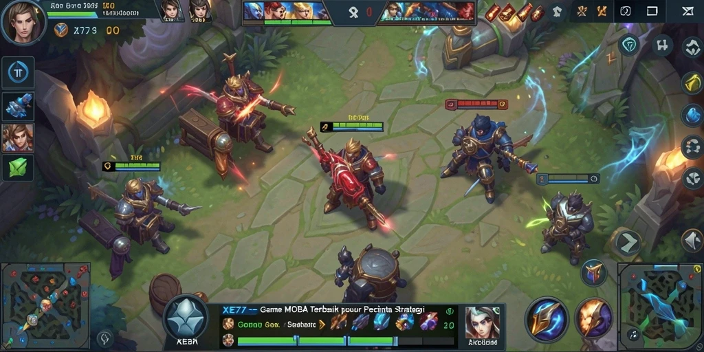 Tampilan gameplay seru dalam XE77 dengan aksi MOBA yang mendebarkan.